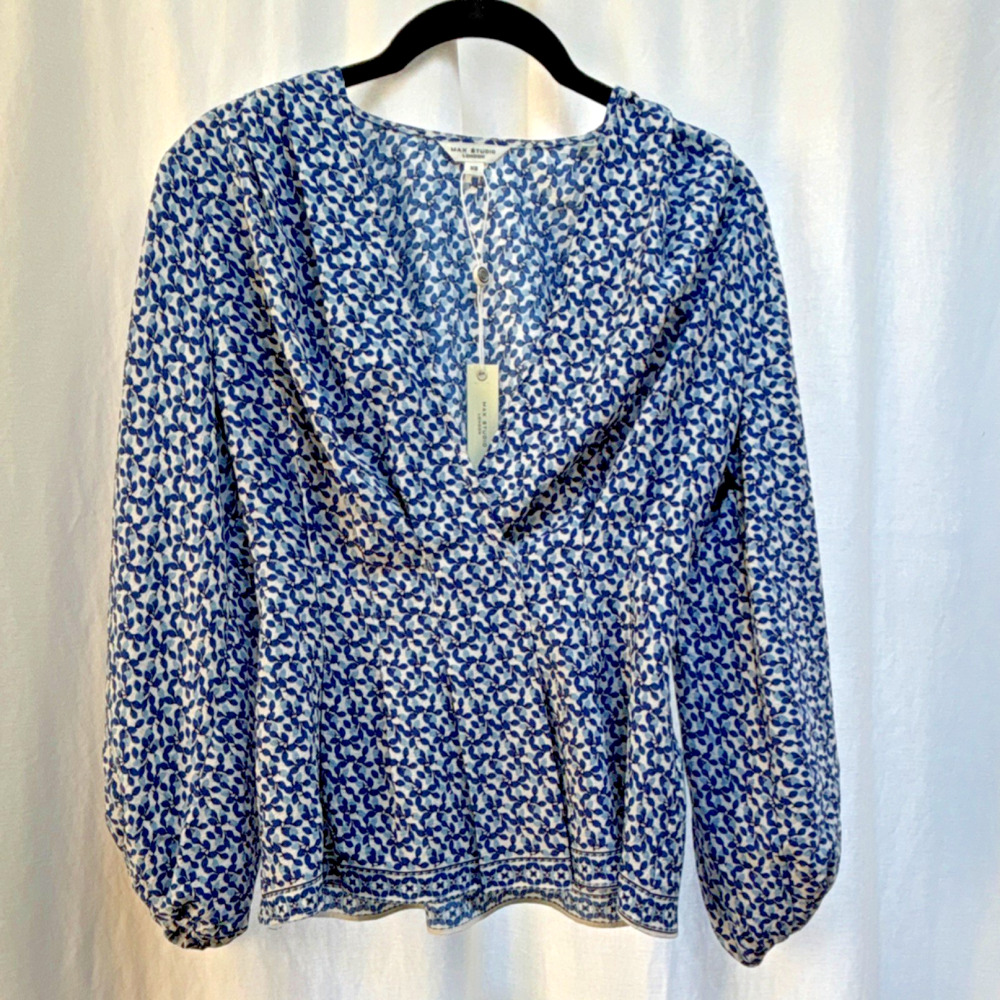 Max Studio Blue Floral Balloon Sleeve Blouse V-Neck Long Sleeve XS Women NWT